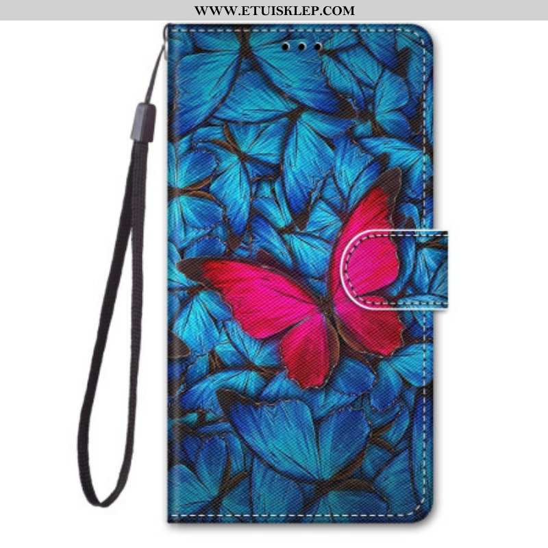 Etui Folio do Samsung Galaxy S23 Ultra 5G Czerwony Motyl Niebieskim Tle